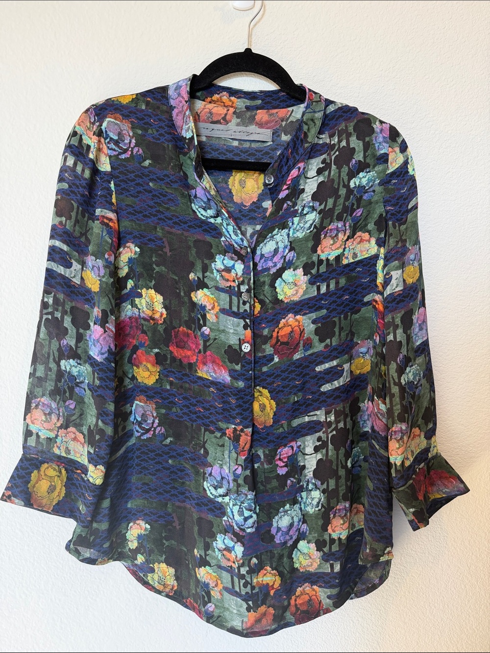 Raquel Allegra Rainbow Forest Silk Henley Blouse Size 0